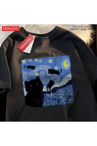 StartMore Y2K Vintage T-Shirt Tee Oil Painting Starry Cat Night