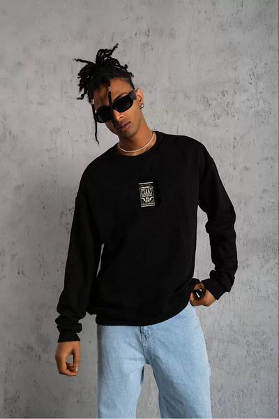 Silerra Unisex Crew Neck Printed Oversize Sweatshirt - Black