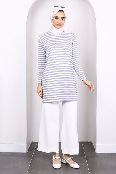 İmajButik Gray Striped Long Sleeve Tunic
