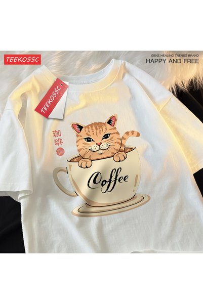 StartMore Y2K Vintage T-Shirt Tee Japanese Harajuku Coffee Cup Cat Print