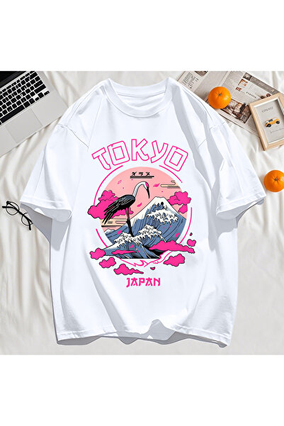 StartMore Y2k Vintage Tişört Tee Tokyo Japonya Harajuku Vinç Desen