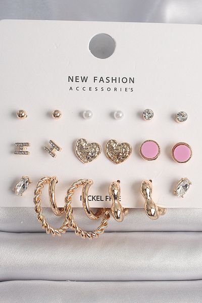 MBB ETİCARET Brass Gold Zircon Stone Burug Ring Model Embroidered Heart 9 Pairs Women's Earring Set