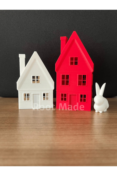 Root Made Kış Evleri 2'li Set Kırmızı Beyaz Noel Evleri Yılbaşı Süsleri Dekor Tealight Mumluk Tavşan Hediyeli