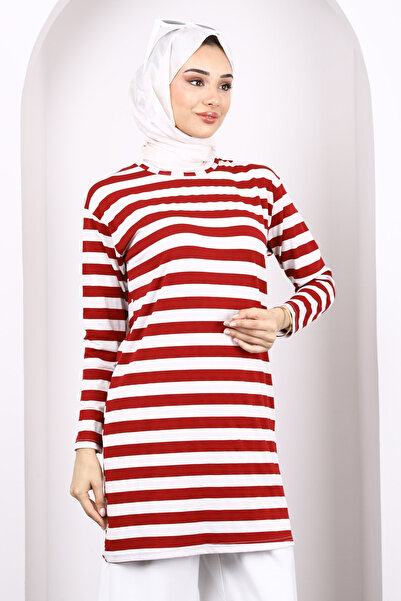 İmajButik Burgundy Striped Long Sleeve Tunic