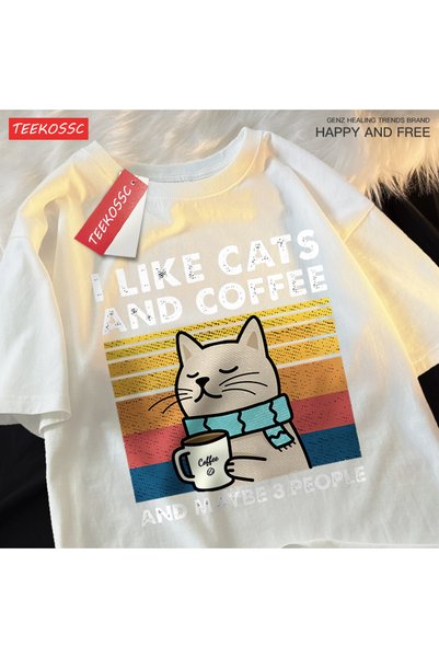 StartMore Y2K Vintage T-Shirt Tee I Like Cats and Coffee