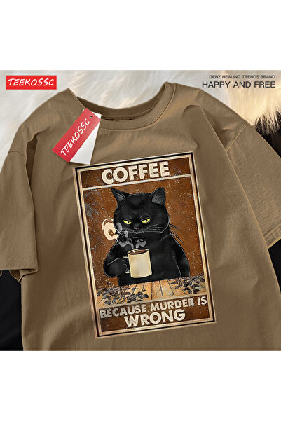 StartMore تي شيرت Y2k Vintage تي شيرت Cos Murder Wrong Black Cat Coffee