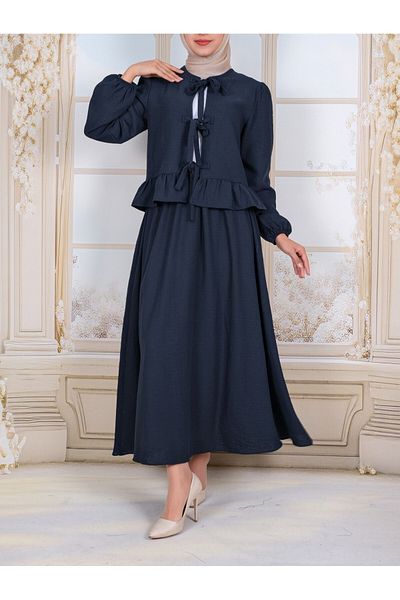 Modamorfo بدلة برباط أمامي وأكمام مرنة وتنورة - كحلي