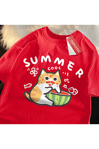 StartMore Y2K Vintage T-Shirt Tee Fun Eating Watermelon Cat Print