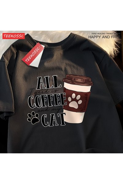 StartMore Y2K Vintage T-Shirt Tee All Coffee Cat