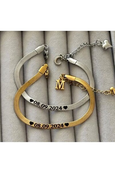Çelik Kişiye Özel Çift Bileklik - İsim/Tarih Yazılabilir Hediyelik Kombin (Altın & Gümüş Renk)