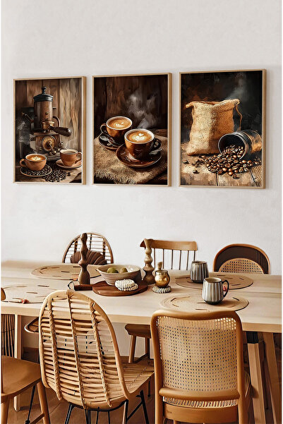 kutuTR ☕ Ahşap Çerçeveli MDF 3’lü Kahve Temalı Tablo Seti – 23x32 / 32x42 / 42x62 cm CRV1002