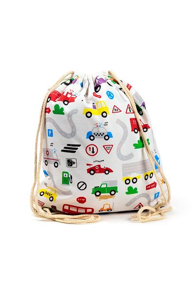 Puckator Ghiozdan tip saculet cu snur, rucsac sport/gradinita, bumbac, Little Motors, tematica autovehicule