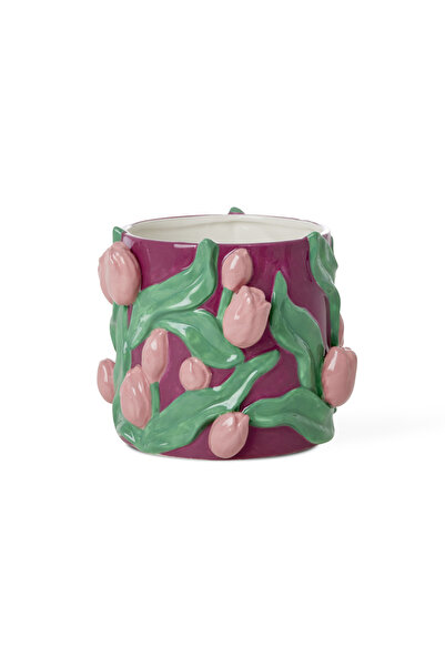 RICE El Yapımı Seramik Saksı - Bordo Laleler