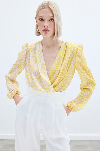 Sateen Double Breasted Patterned Bodysuit - Yellow-Ecru