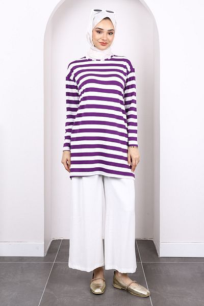 İmajButik Purple Striped Long Sleeve Tunic