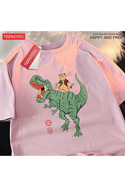 StartMore تي شيرت Y2k Vintage تي شيرت ياباني هاراجوكو لركوب ديناصور القط