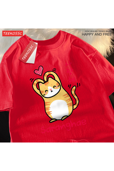 StartMore Y2K Vintage T-Shirt Tee Saranghae Cartoon Cute Filling Kitten
