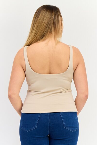 Bebe Women Square Neck Sleeveless Solid Tank Top, Beige