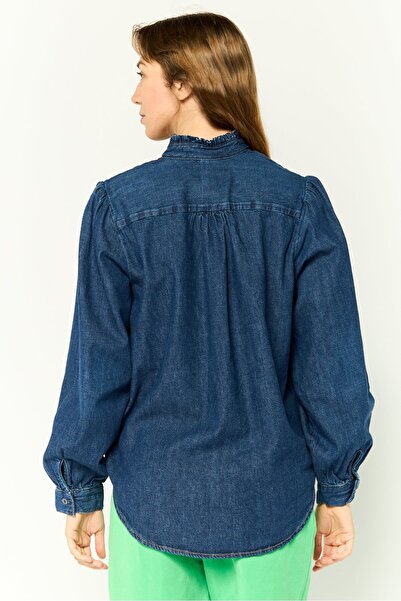 Tommy Hilfiger Women Ruffle Neck Long Sleeves Solid Denim Shirt, Blue