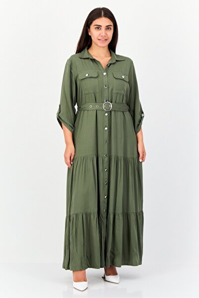 ny collection فستان نسائي بقميص سادة مع حزام، أخضر عسكري
