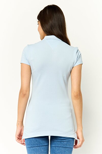 Tommy Hilfiger Women Spread Collar Short Sleeve Brand Logo Polo Shirt, Blue