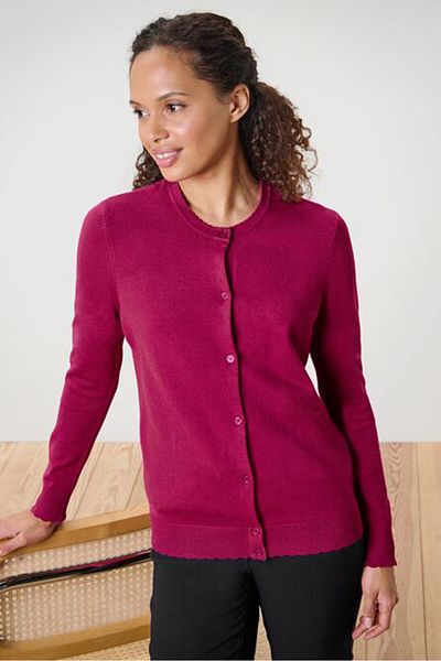 Tchibo Women Round Neck Solid Cardigan, Burgundy