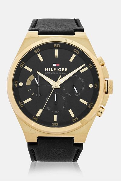 Tommy Hilfiger Men 1792086 Leather Analog Watch 46 mm, Black