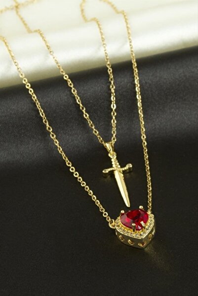 X-Lady Accessories Altın Renk Kırmızı Taş Kalp Kılıç Çift Kolyesi Çelik Kolye...