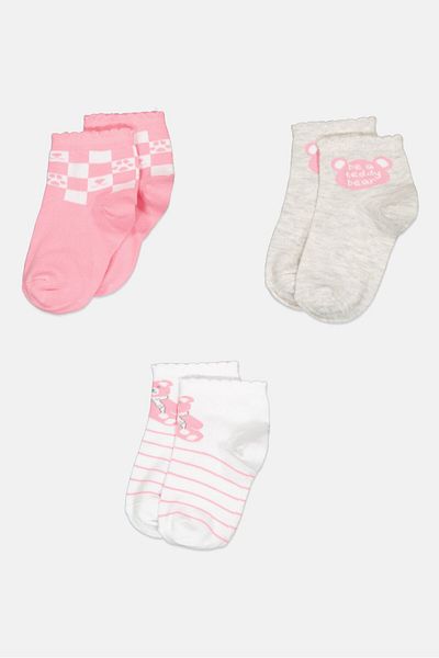 Bebe Kids Girl 3 Pairs Printed Quarter Socks, Multicolor