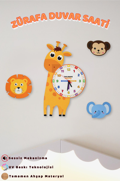 The Grade Ahşap Zürafa Temalı Çocuk Odası Duvar Saati Eğitici Saat Çocuk Odas...