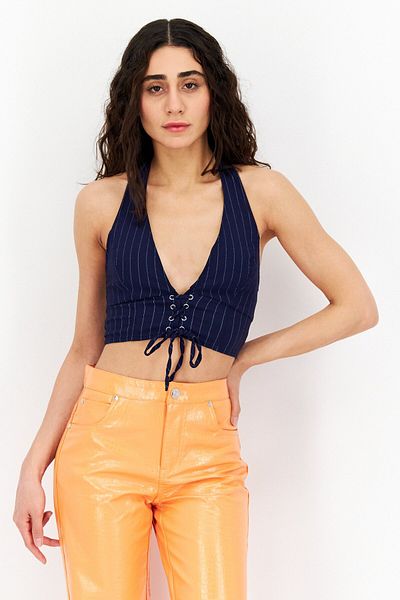 Don't Call Me Jennyfer Women V Neck Sleeveless Stripe Crop Top, Navy/White