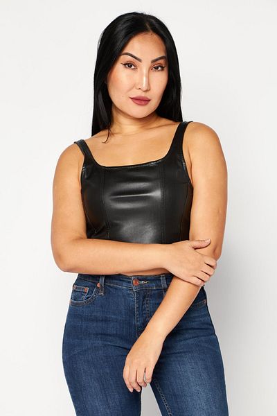 Don't Call Me Jennyfer Women Square Neck Sleeveless Leather Crop Top, Black