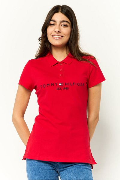 Tommy Hilfiger Women Slim Fit Embroidered Short Sleeves Polo Shirt, Red