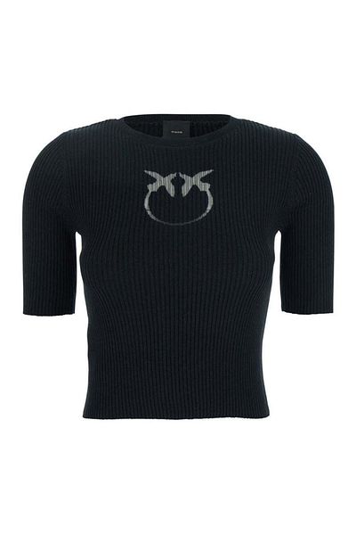 PİNKO Tricou Pinko negru cu nervuri și logo Love Birds pe față, din amestec de mătase și bumbac pentru femei