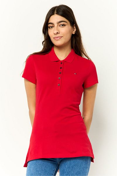 Tommy Hilfiger Women Spread Collar Short Sleeves Brand Logo Polo Shirt, Red