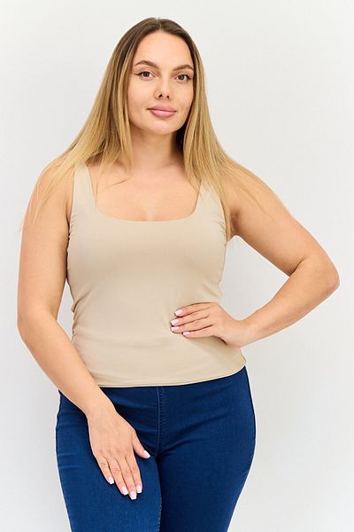 Bebe Women Square Neck Sleeveless Solid Tank Top, Beige