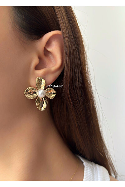 aksesuaris İncili Çiçek Gold Küpe