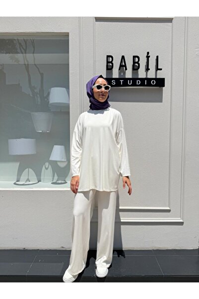 Babil Butik Td3652 Modal Combed Cotton Fabric Basic Women's Set Ecru