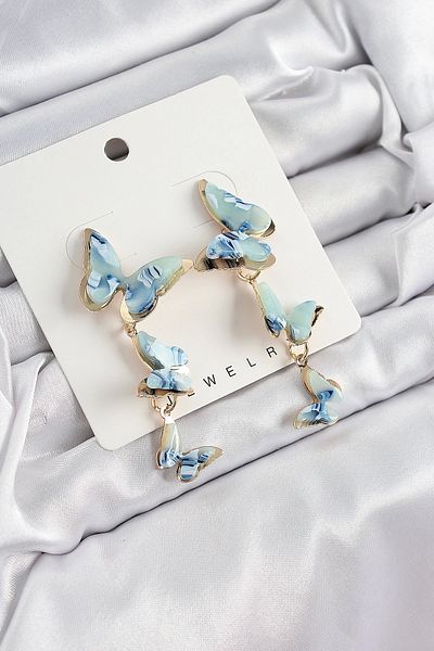 Clariss Brass Dangle Marble Patterned Butterfly Model Gold Color Vintage Women's Earrings