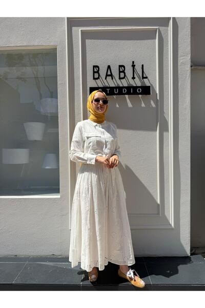 Babil Butik Td4184 Pocket Detailed Cotton Ruffled Women's Suit White