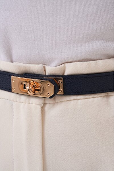 Descoin Синій золотий ремінь з пряжкою та швами. Жіночий ремінь, ремінь для сукні, ремінь для піджака, ремінь для брюк.