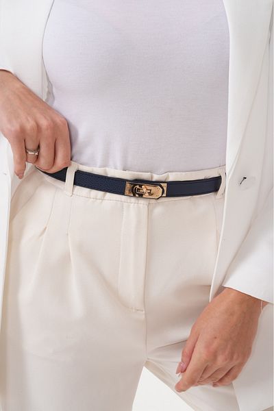 Descoin Navy Blue Gold Lock Buckle Stitched Belt.Women's Belt,Dress Belt,Jacket Belt,Pantalon Belt