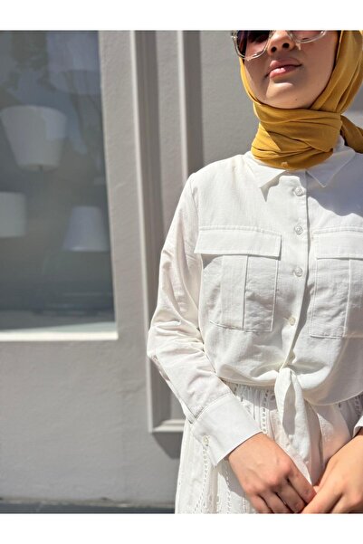 Babil Butik Td4184 Pocket Detailed Cotton Ruffled Women's Suit White