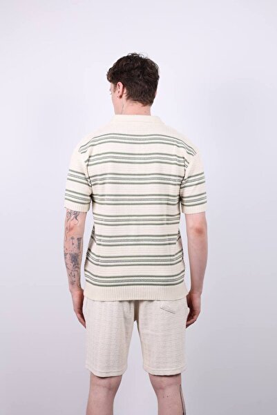 İLKCET MODA Erkek V Yaka Çizgili Oversize Triko T-shirt