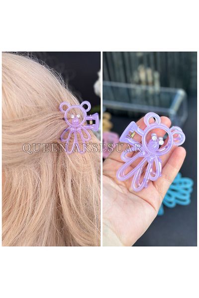 QUEEN AKSESUAR Cute Matte Color Crystal Stone Eyed Teddy Bear Clothespin Buckle Bear Clip Purple Lilac