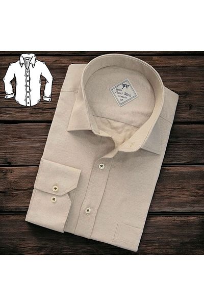 GÖMLEK GALERİSİ Men's Classic Wide Relaxed Fit Long Sleeve Textured Cotton Shirt with Pockets