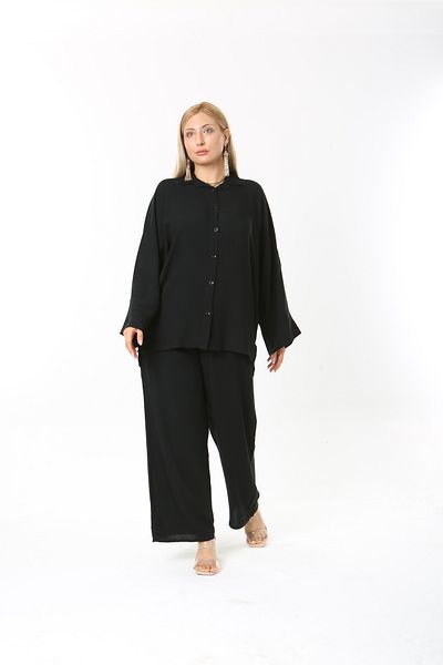 XL Modam Women's Long Sleeve Black Linen Large Size Set