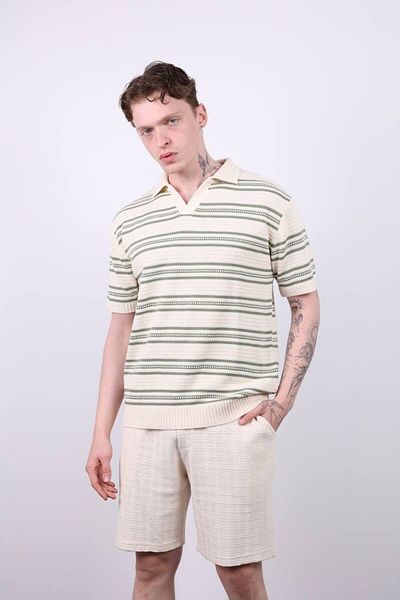 İLKCET MODA Ανδρικό μπλουζάκι με ριγέ με λαιμόκοψη V Oversize