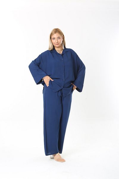 XL Modam Women's Long Sleeve Dark Blue Linen Large Size Set