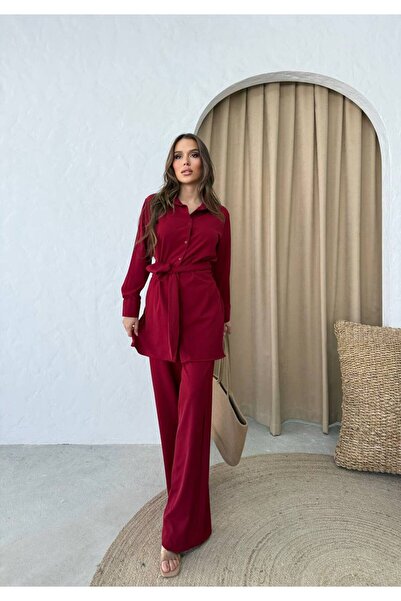 Viskosa Set din două piese cu pantaloni tunică cu nasturi și curea